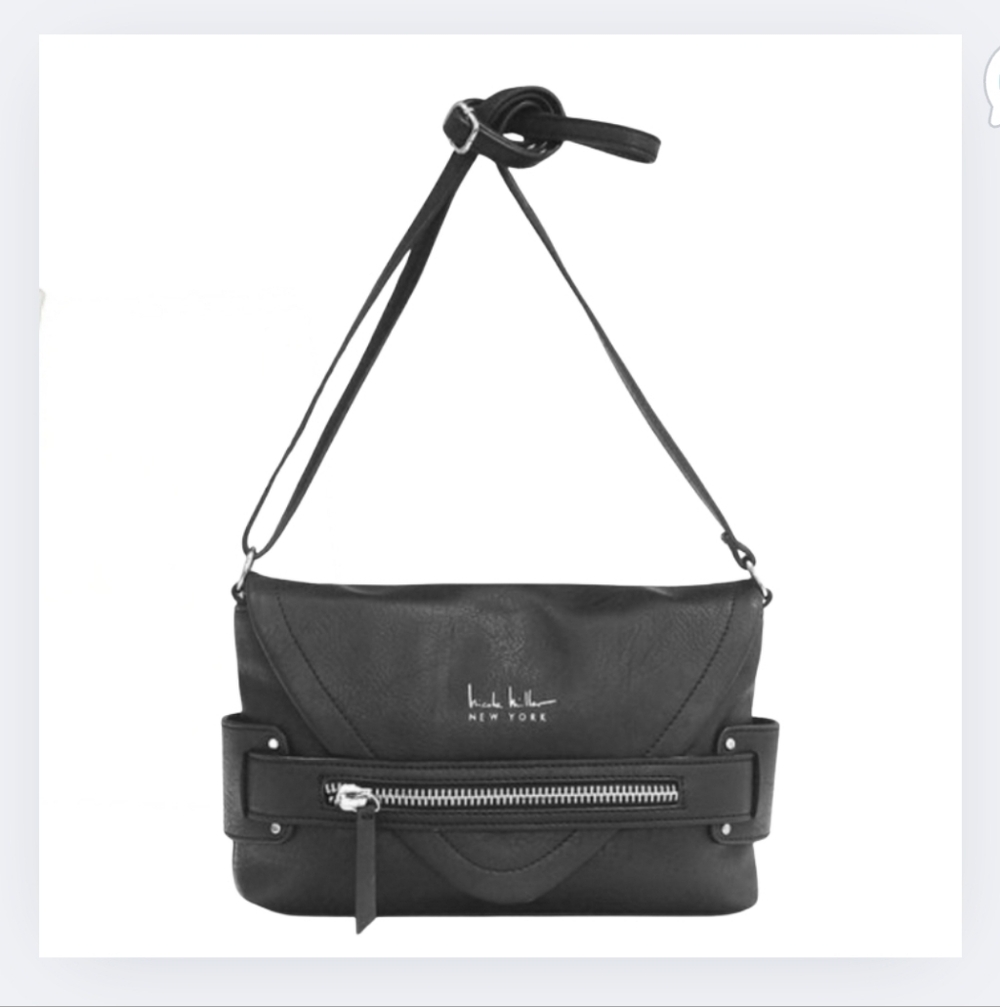 Nicole Miller Purse New York Handbag Black Faux Leather Crossbody Bag Zipper